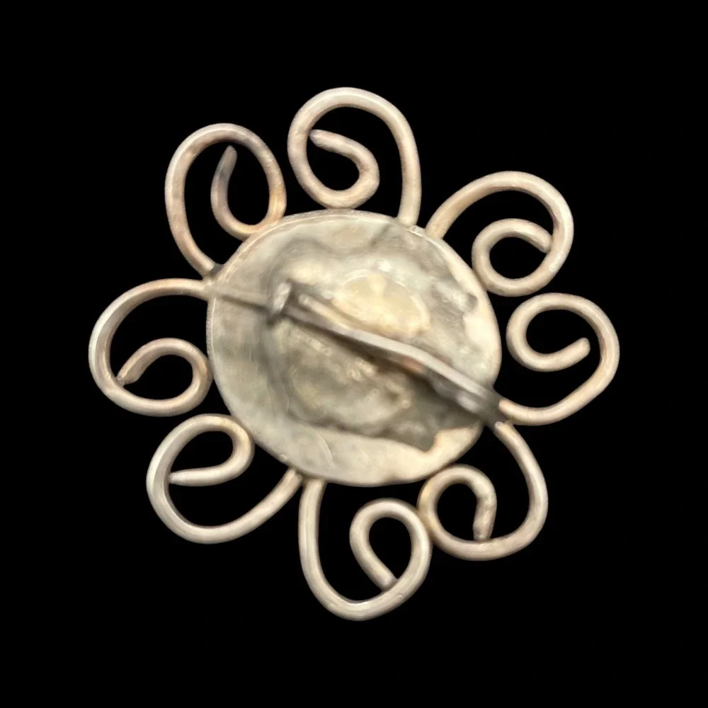 Vintage Floral Brooch‎ with Green Banded Stone, Flower Pin Costume Jewelry